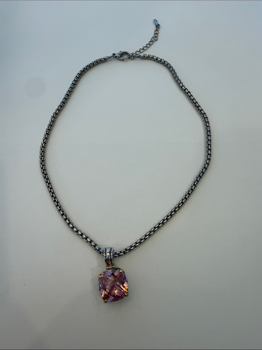 Silver Color Chain Necklace with Pink Cushion-Cut Crystal Pendant